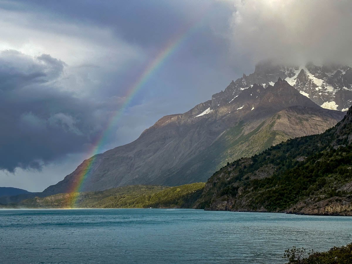 Rainbow in front of a mountain in Torres del Paine National Park in Patagonia, Chile
