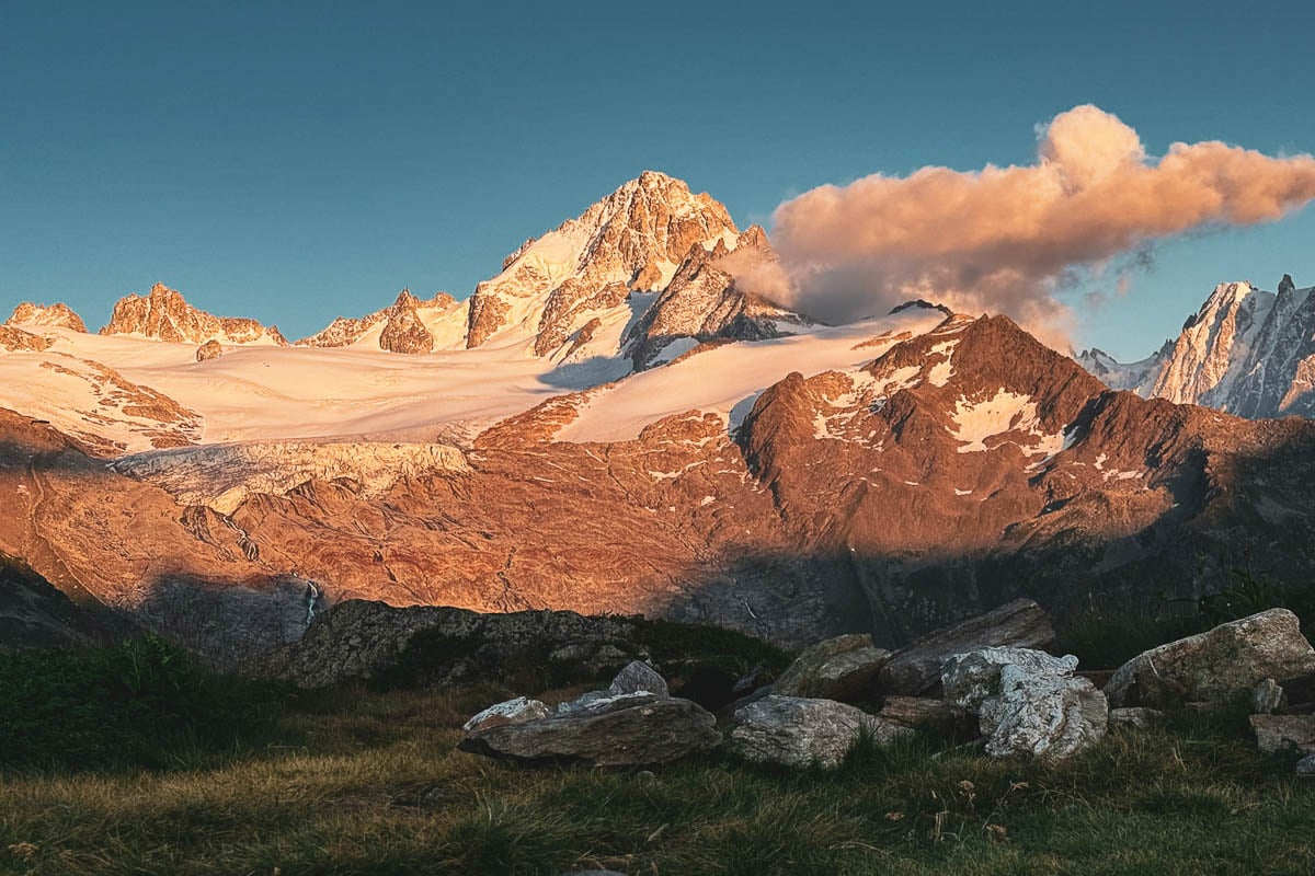 Mont Blanc at sunset from the Tour du Mount Blanc hike