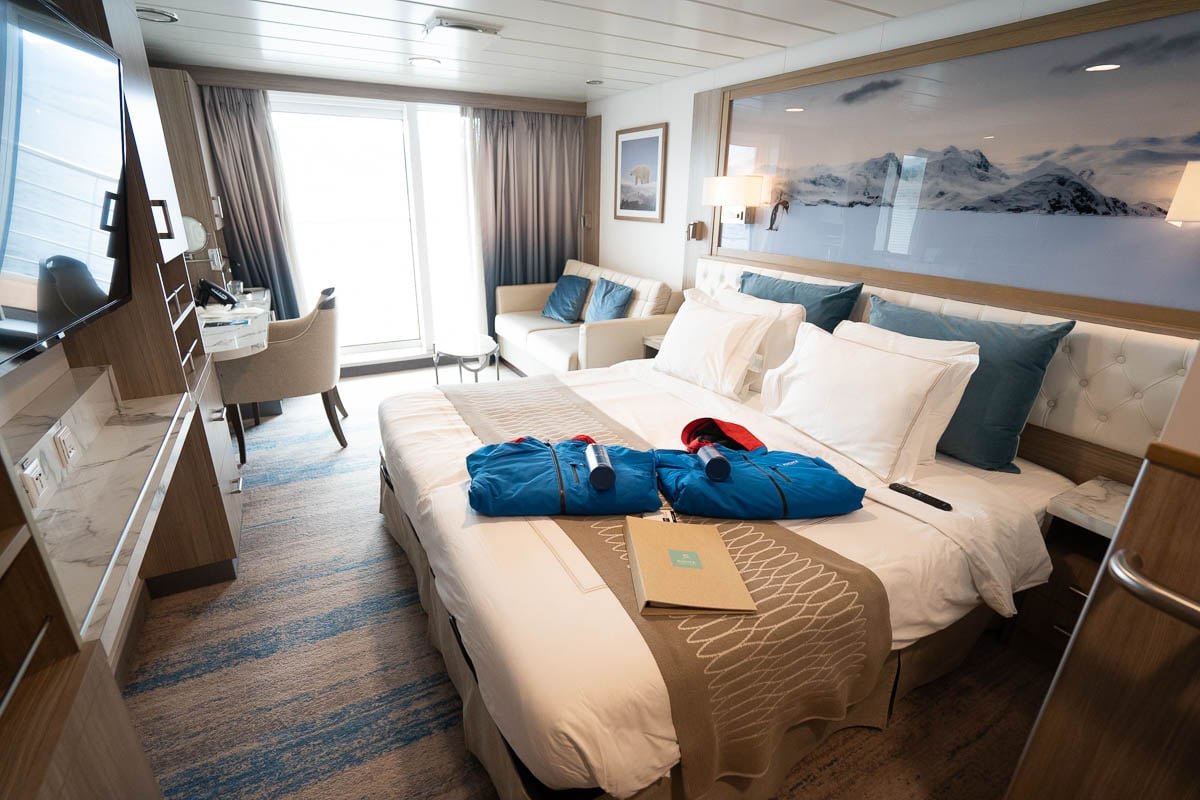 Cabin on the Greg Mortimer ship departing on an Antarctica cruise