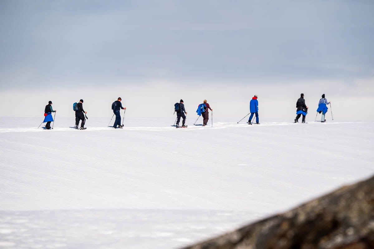 Passengers snowshoeing across a Ridgeline at Vernadsky Station in Antarctica