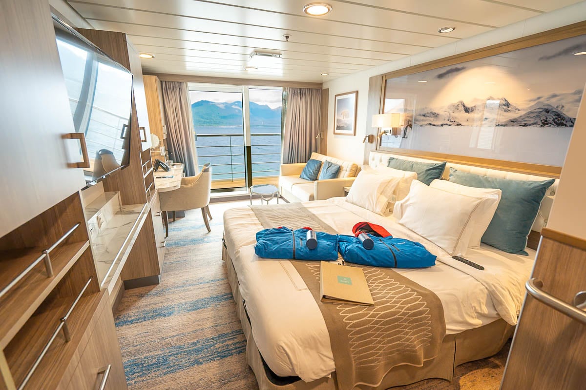 Cabin on the Aurora Expeditions Greg Mortimer ship while sailing through the Beagle Channel, Ushuaia