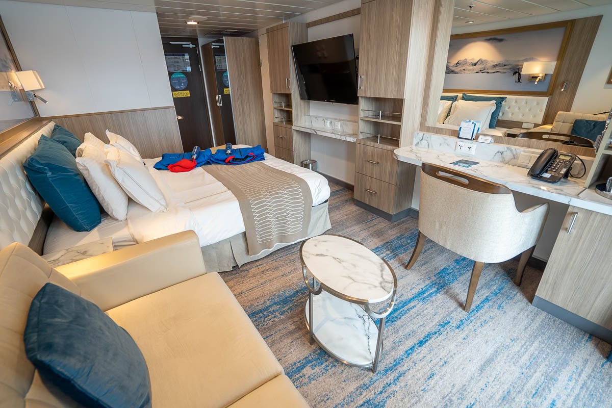 Cabin on the Aurora Expeditions Greg Mortimer ship while sailing through the Beagle Channel, Ushuaia