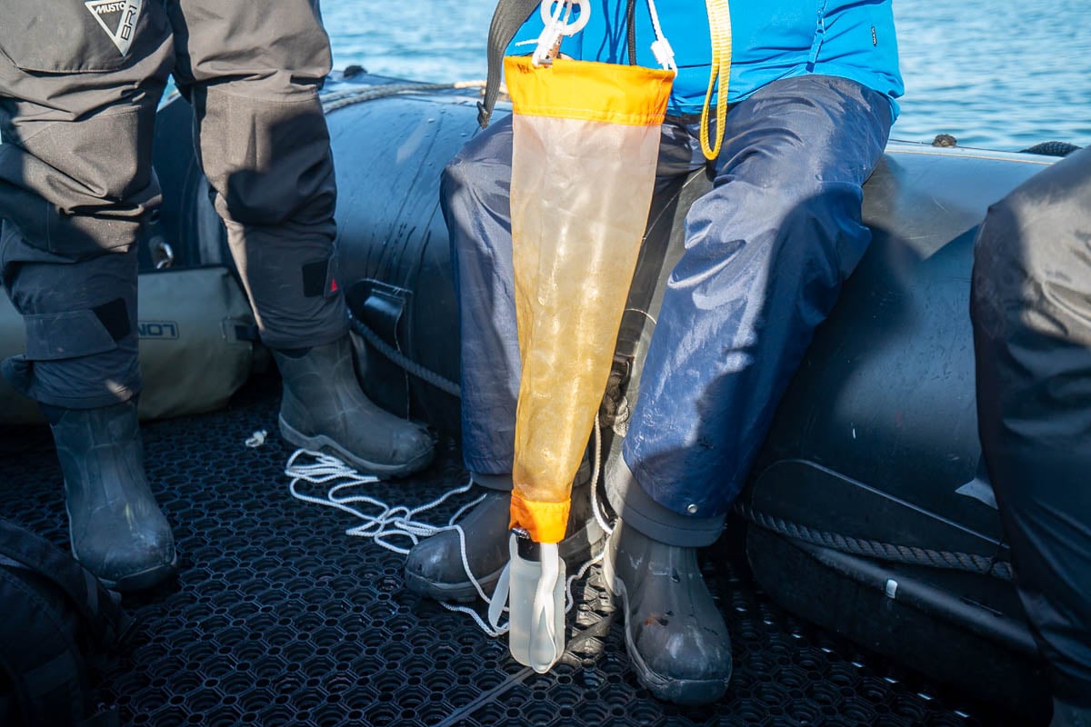 Water sample collection equipment on a Zodiac boat with Aurora Expeditions in Svalbard, Norway