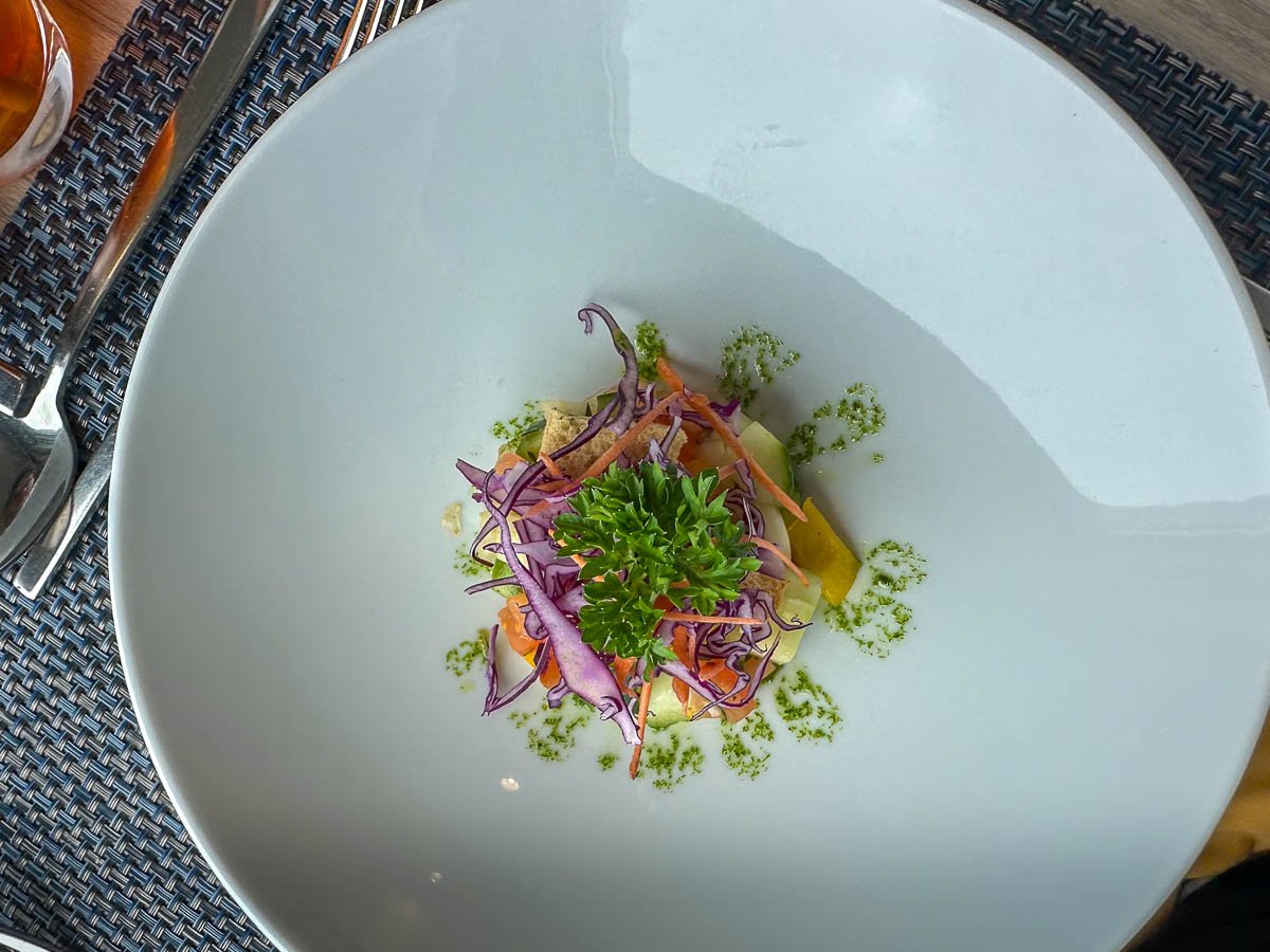 Salad on a plate with Aurora Expeditions Sylvia Earle ship in Svalbard, Norway