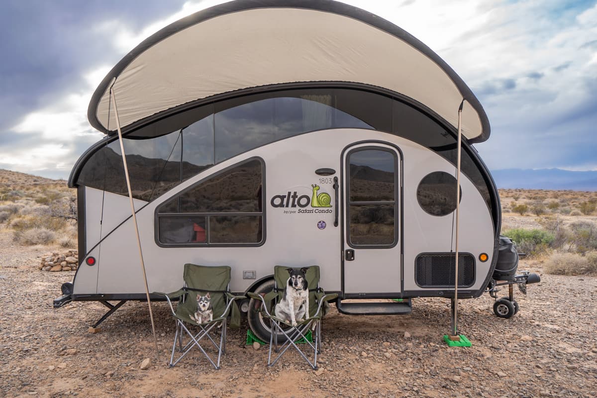 Two dogs sitting in front of a Safari Condo Alto R1723 with a ballcap awning outside of Valley of Fire State Park, Nevada