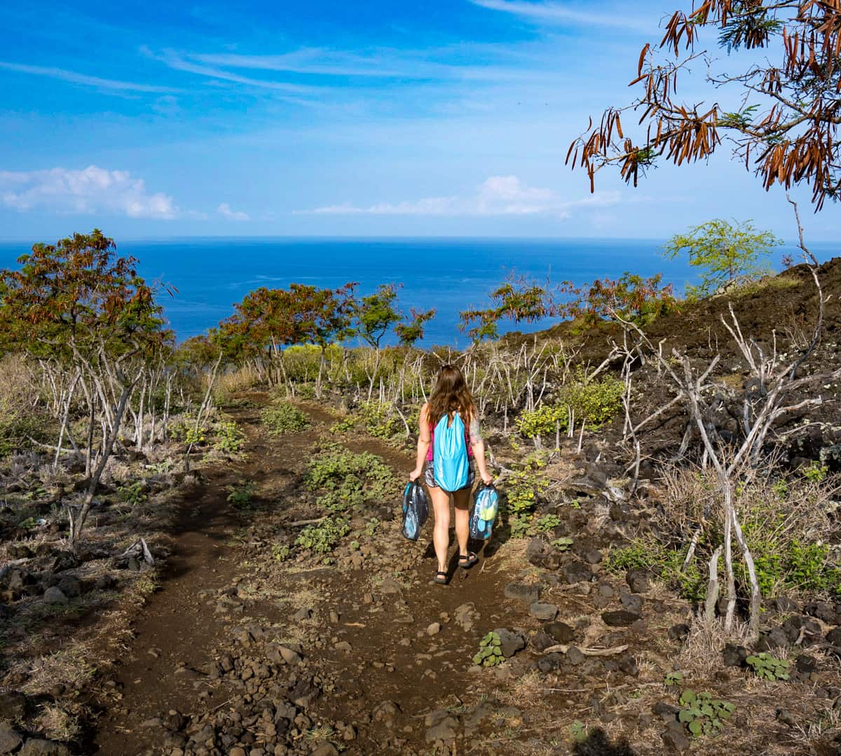 Woman holding two snorkeling kits hiking along the Captain Cook Monument Trail with the Pacific Ocean in the background on the Big Island of Hawaii