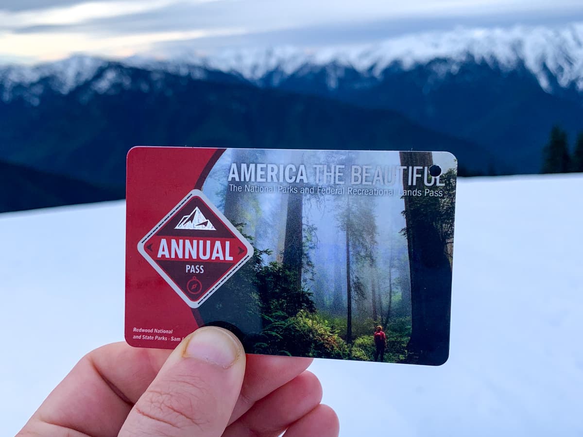 Woman holding America the Beautiful pass with snowcapped mountains in the background in Olympic National Park
