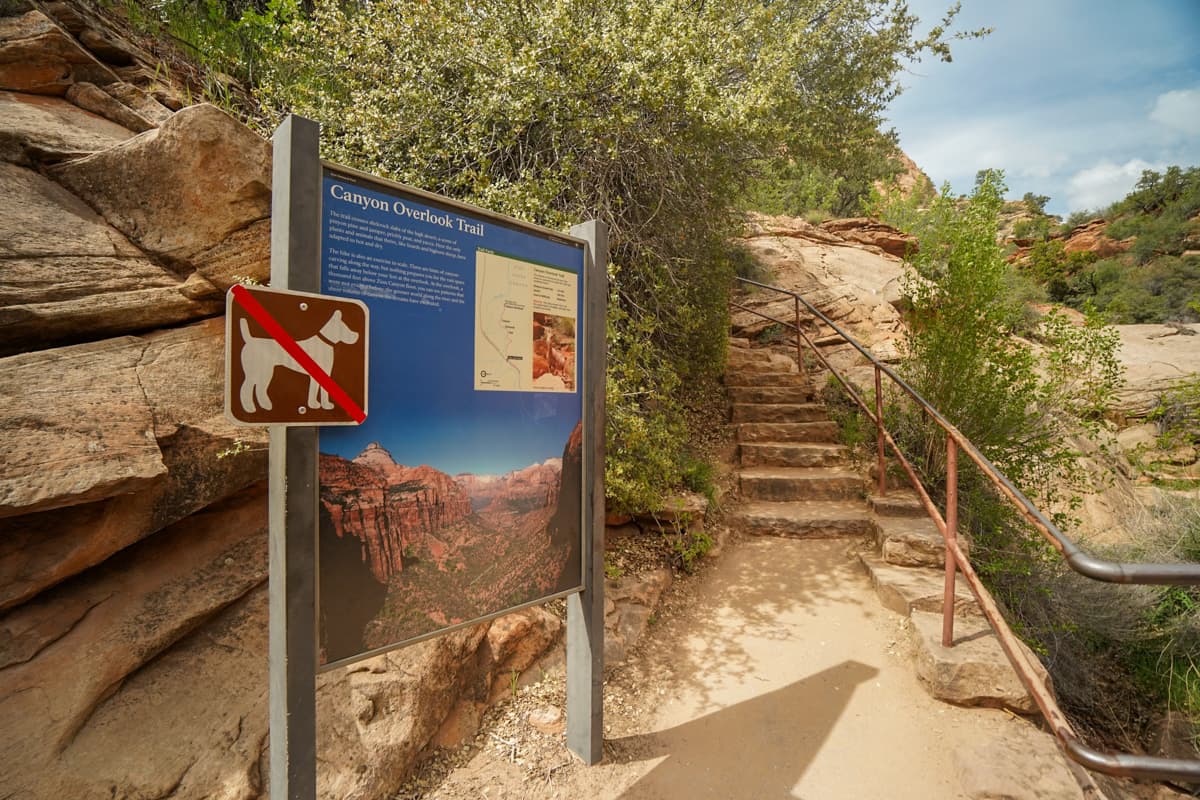 Trailhead sign for Canyon Overlook Trail with stairs in the background in Zion National Park
