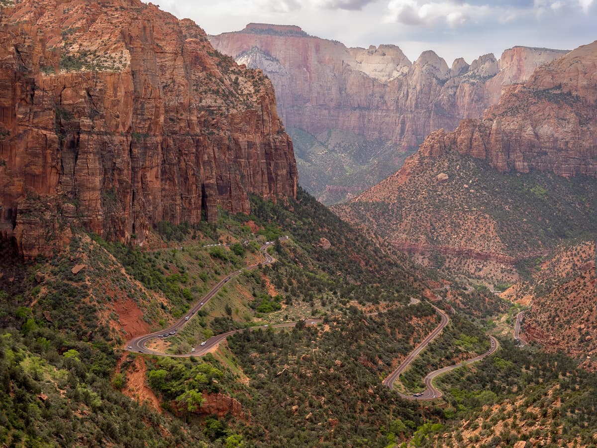 View of Zion Canyon and switchbacks of the Zion-Mount Carmel Highway from the Canyon Overlook Trail in Zion National Park