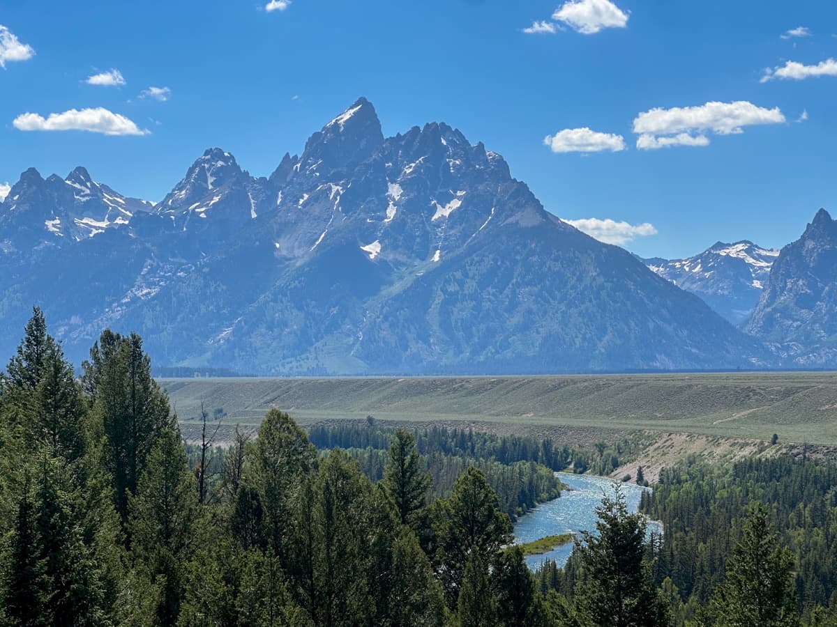 View of the Teton Mountains and Snake River in the foreground from the Snake River Overlook in Grand Teton National Park in Wyoming