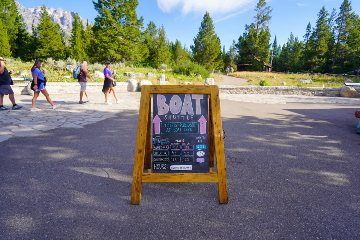 Sign for boat shuttle near the Jenny Lake Visitor Center in Grand Teton National Park in Wyoming