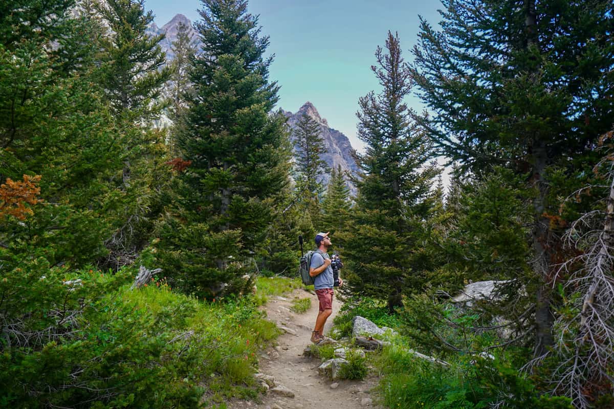 Man standing along the Cascade Canyon Trail with pine trees and mountains in the background in Grand Teton National Park in Wyoming