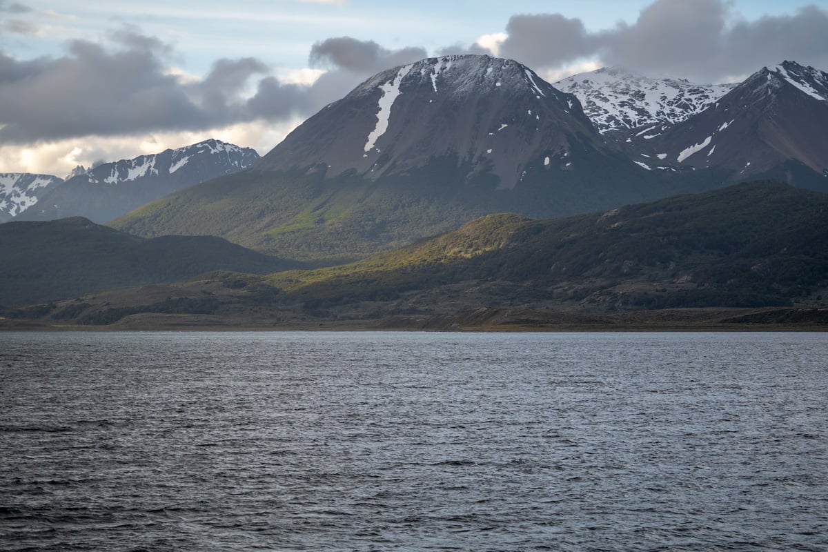 Snowy mountains lining the Beagle Channel in Ushuaia, Argentina