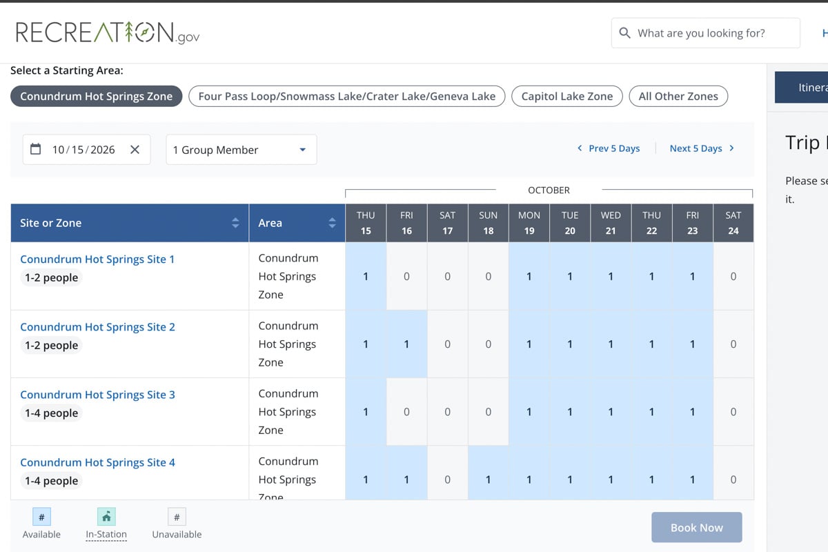Screenshot of reservation system on recreation.gov for Conundrum Hot Springs in Maroon Bells-Snowmass Wilderness in Aspen, Colorado