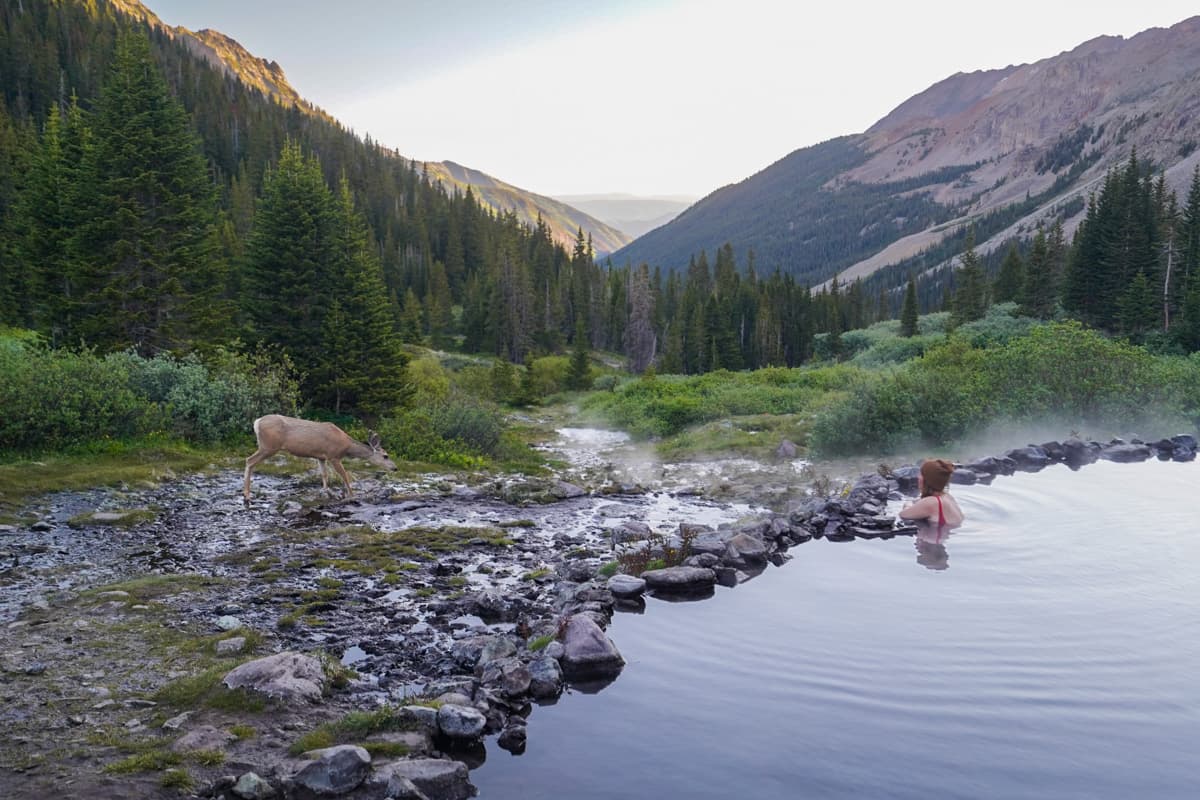 Woman soaking in Conundrum Hot Springs while a deer drinks from a stream nearby with mountains in the background in Maroon Bells-Snowmass Wilderness in Aspen, Colorado