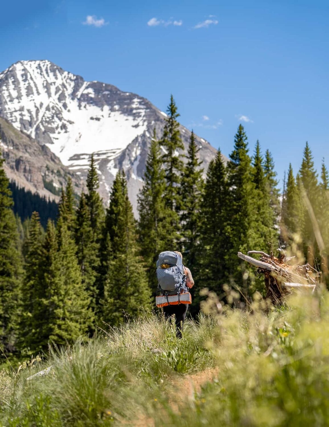 Woman with a backpacking back hiking along the Conundrum Hot Springs trail with snowcapped mountains in the background in Maroon Bells-Snowmass Wilderness in Aspen, Colorado