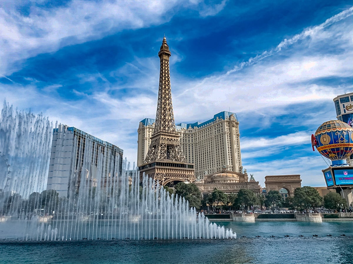 Bellagio Fountain with the Paris Casino in the background in Las Vegas, Nevada