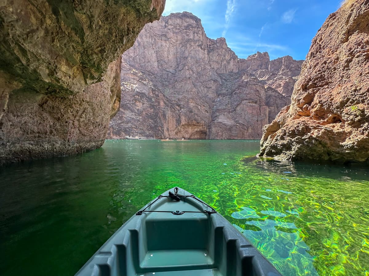 Front of kayak in the Emerald Cave along the Colorado River in Lake Mead National Recreation Area in Willow, Arizona