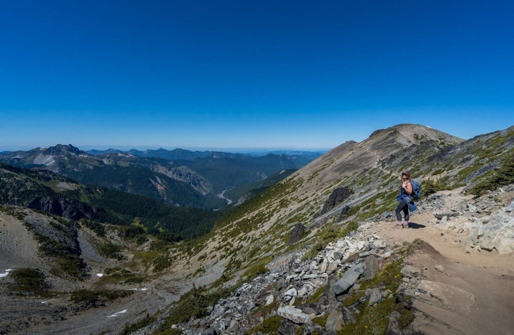 Woman hiking along the Fremont Lookout trail in Mount Rainier National Park