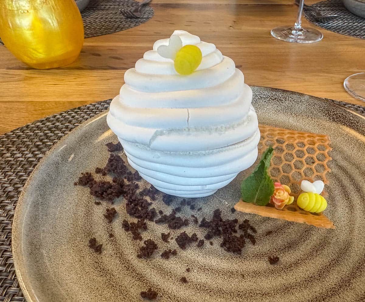 Beehive dessert on a plate at C. Greens on the National Geographic Endurance with National Geographic-Lindblad Expeditions