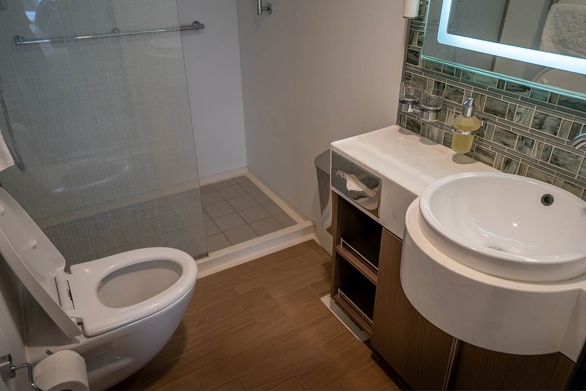Bathroom in a cabin on the cruise ship in Svalbard, Norway