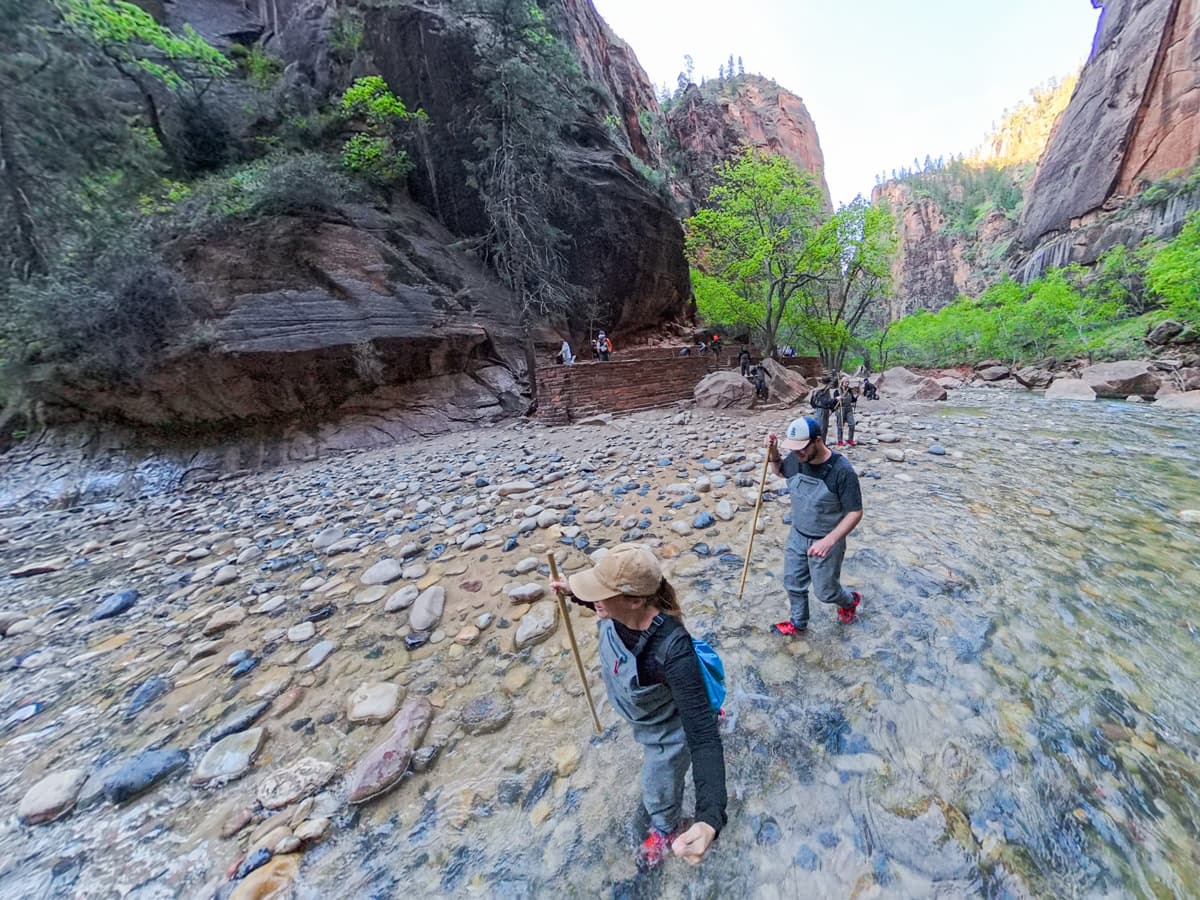 Couple wearing waders walking through the Virgin River along The Narrows trail in Zion National Park