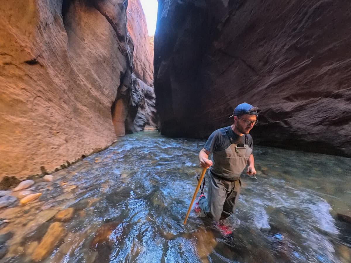 Man wearing waders while walking in the Virgin River with the walls of Zion Canyon in the background along The Narrows trail in Zion National Park