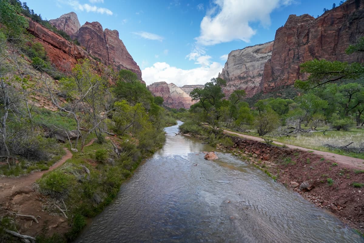 Virgin River snaking through the Zion Canyon from the Emerald Pools Trail in Zion National Park