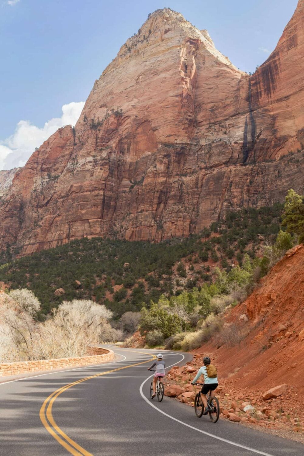Couple biking along Zion Canyon Scenic Drive with mountains in the background in Zion National Park