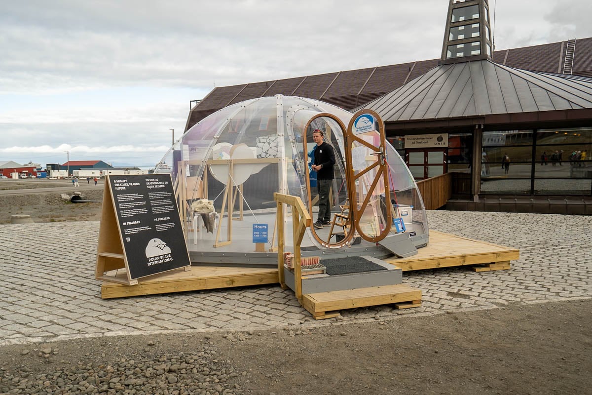 Plastic igloo for Polar Bear International in front of the Svalbard Museum in Longyearbyen, Svalbard