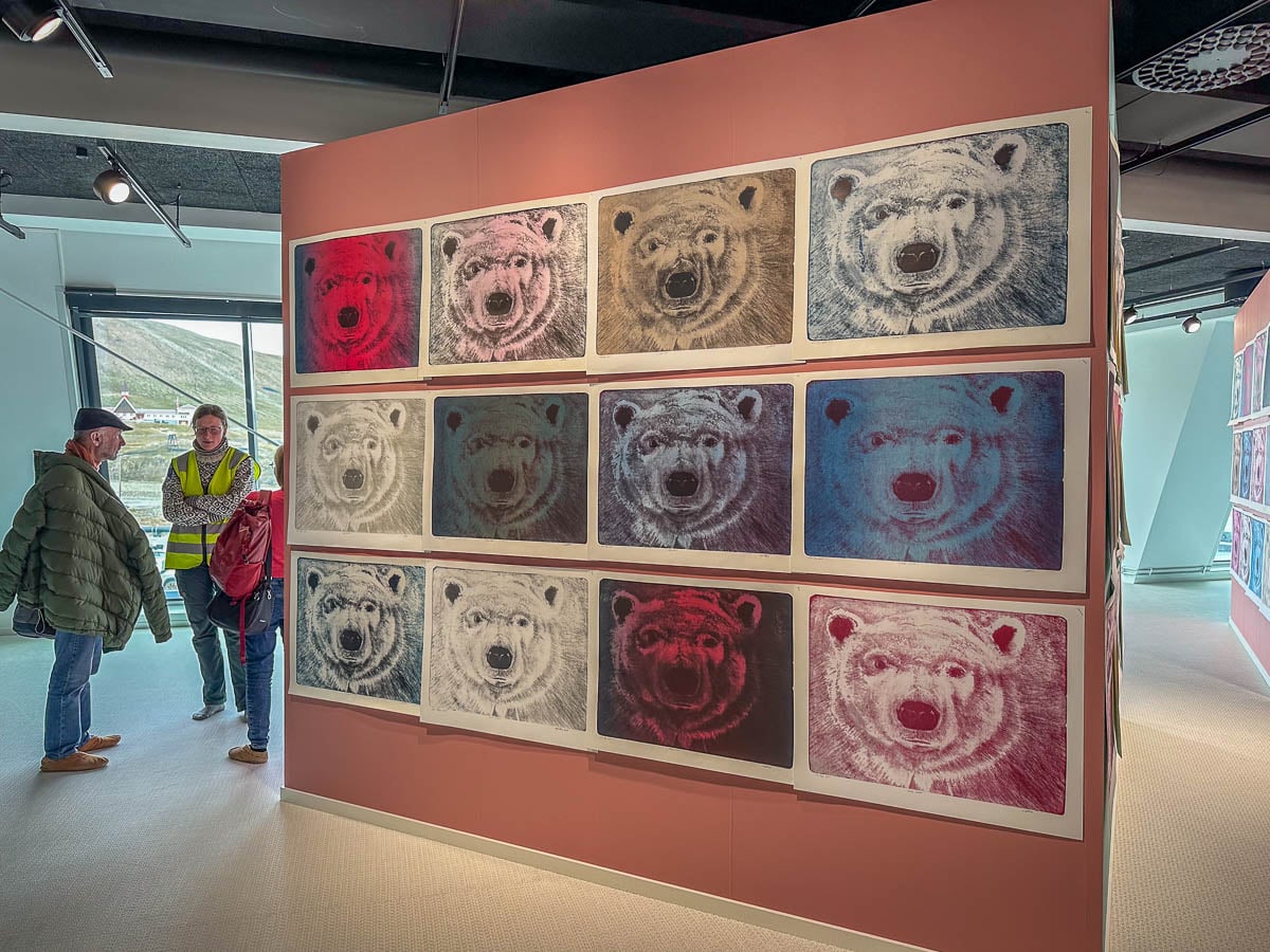 Colorful prints of polar bears displayed at Nordover in Longyearbyen, Svalbard