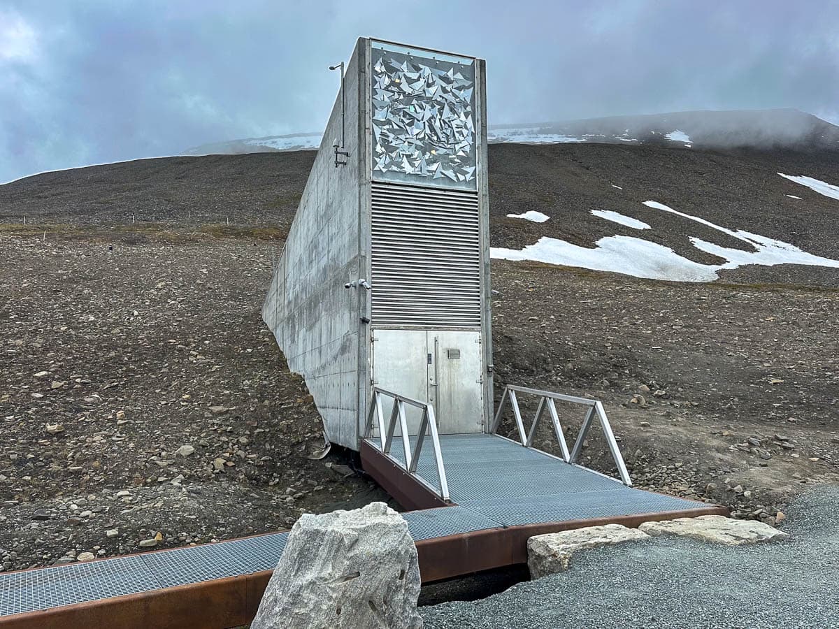 Exterior of the Global Seed Vault built into a dirt hill in Longyearbyen, Svalbard
