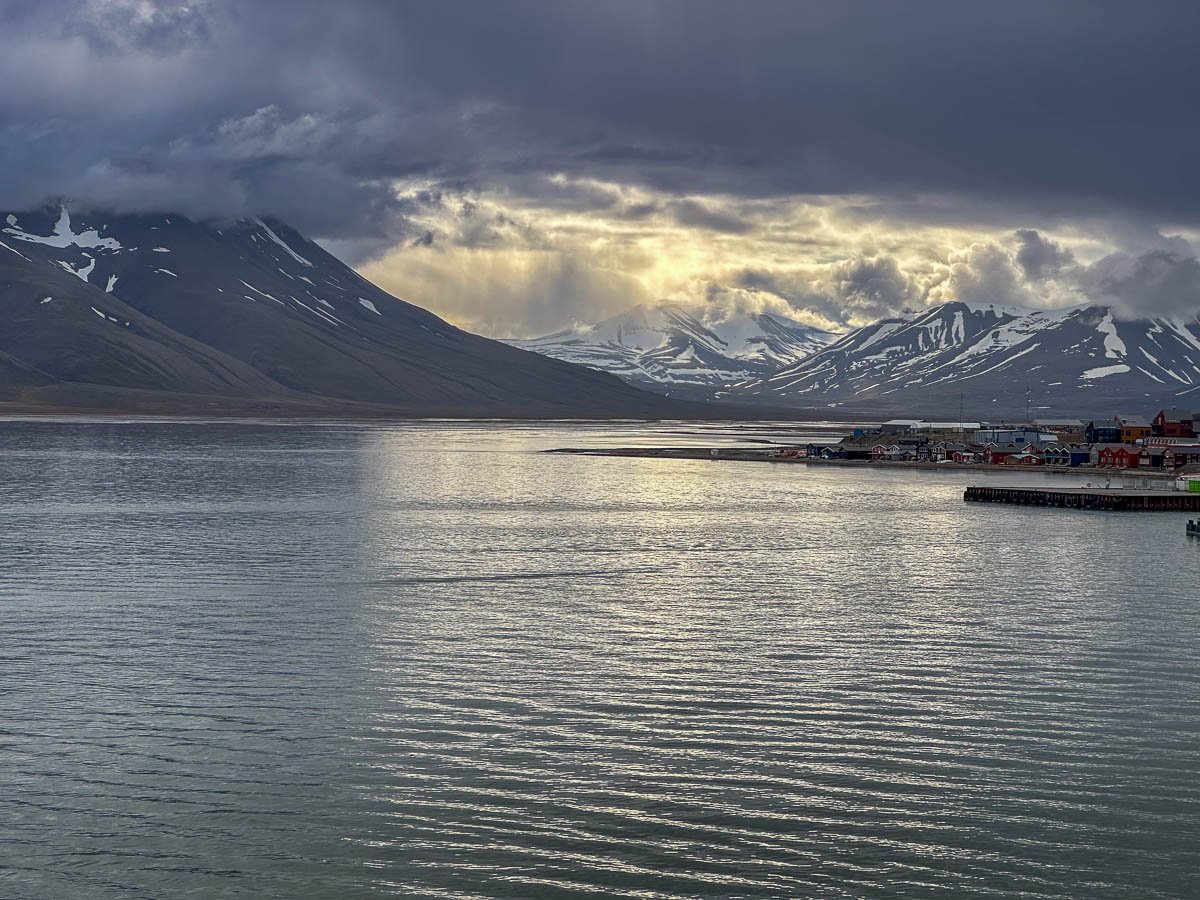 Fjord surrounding the colorful buildings of Longyearbyen, Svalbard, Norway