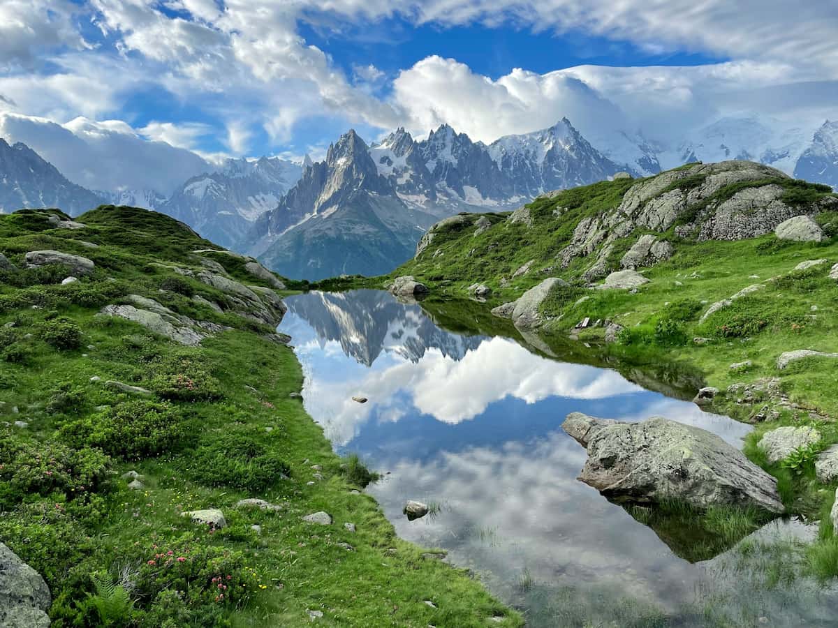 Lac Blanc with Mont Blanc and the French Alps in the background along the Tour du Mont Blanc outside of Chamonix, France
