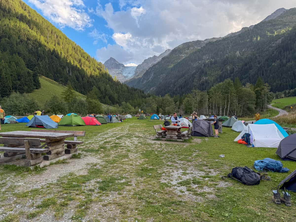 Le Peuty Campground with the Trient Glacier and Swiss Alps in the background along the Tour du Mont Blanc