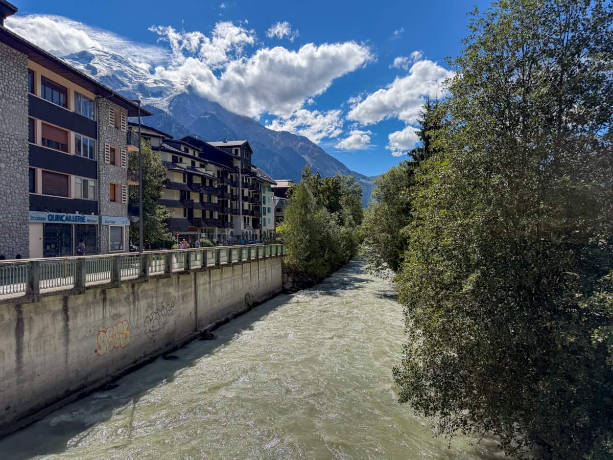 River with French chalets lining it in Chamonix, France