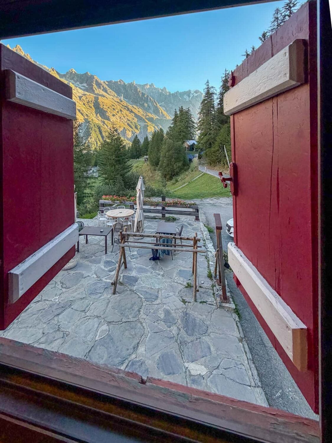 View outside of shuttered windows from the Rifugio Monte Bianco along the Tour du Mont Blanc near Courmayeur, Italy