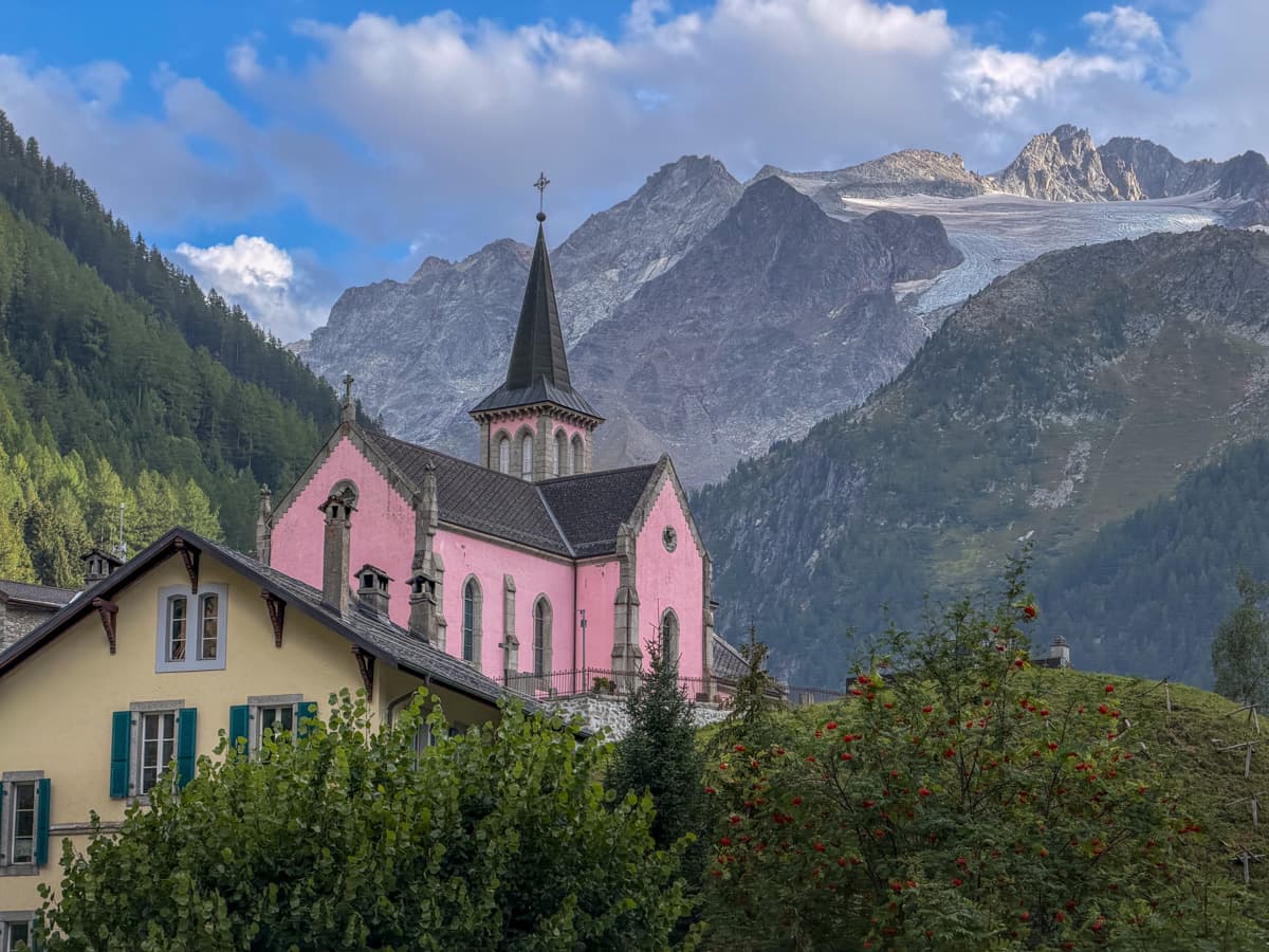 Église Rose with the Trient Glacier in the background in Trient, Switzerland along the Tour du Mont Blanc