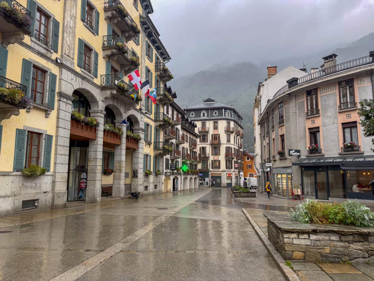 Chalets lining streets in Chamonix France on a rainy day