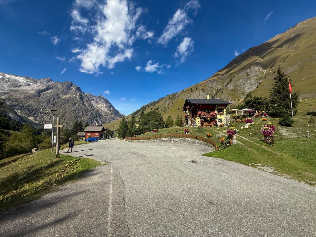 Swiss chalets lining a roadways near La Fouly, Switzerland along the Tour du Mont Blanc