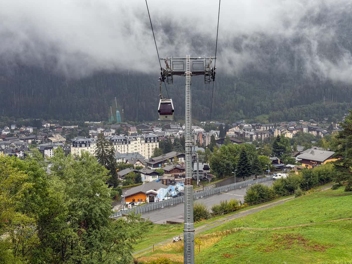 Gondola leading down to the Chamonix valley in France along the Tour du Mont Blanc