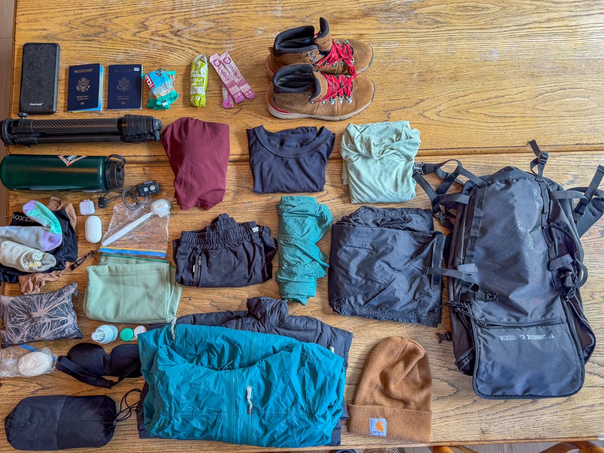 Aerial view of items packed for the Tour du Mont Blanc hike
