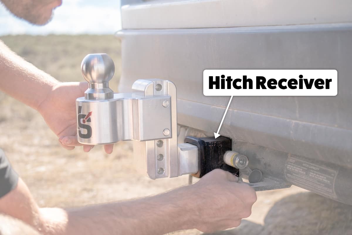 Diagram of a hitch receiver with a man installing a Weigh Safe ball mount to the rear of his Toyota Highlander Hybrid