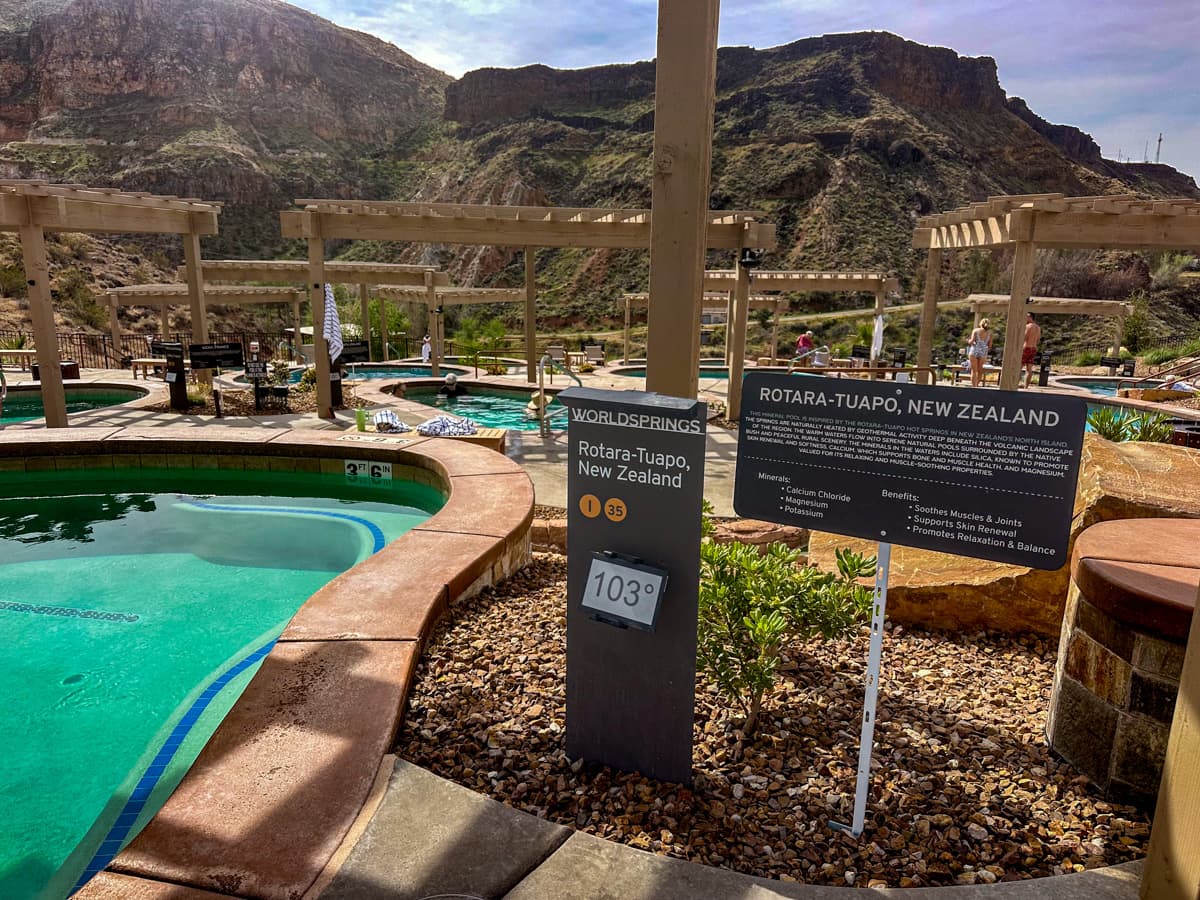 Signage for Rotara-Tuapo WorldSprings pool at Zion Canyon Hot Springs in La Verkin, Utah